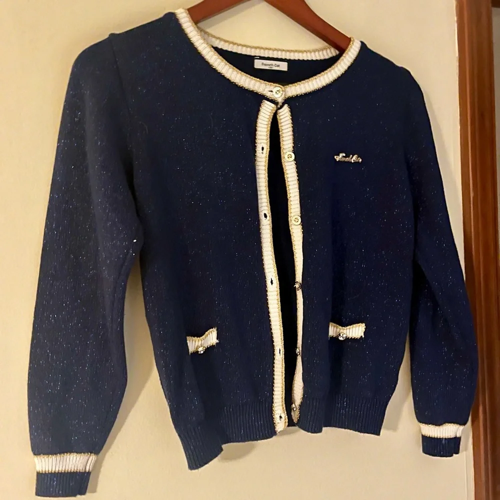 French Cat Sparkle Blue Button Cardigan Sweater Gold Trim Detailing Large